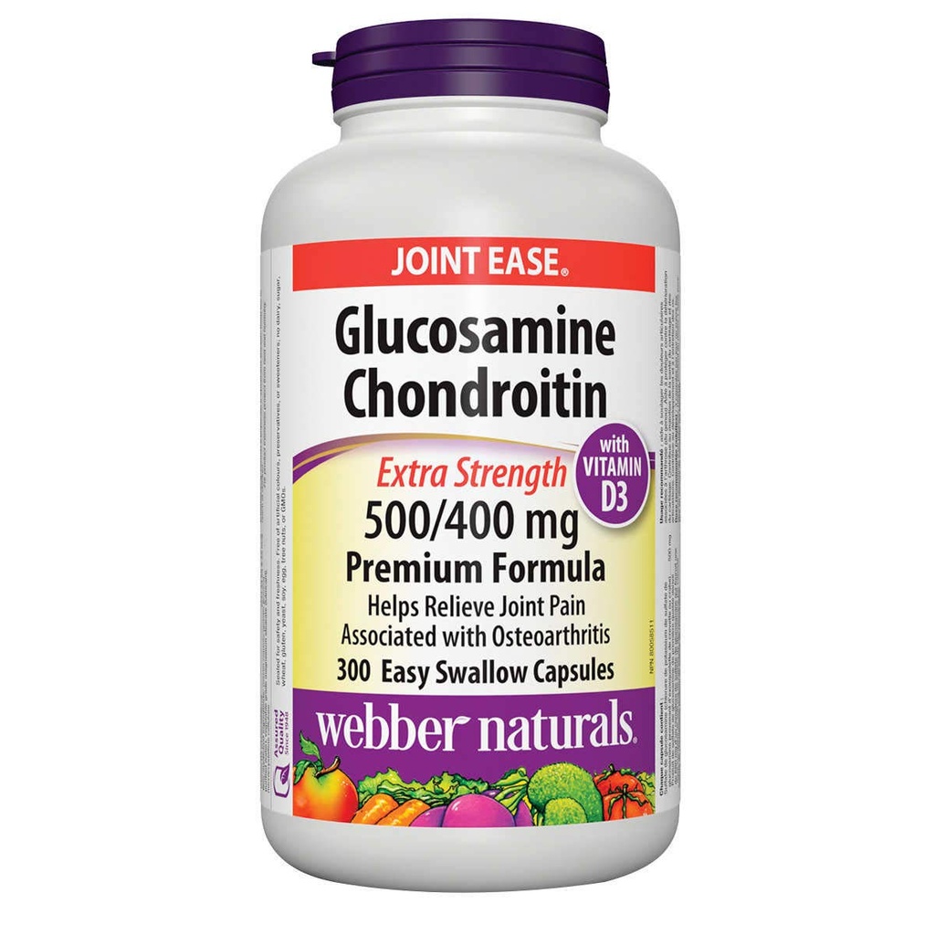 Webber Naturals Glucosamine Chondroitin עם ויטמין D3, כוח נוסף, 500 / 400 מ"ג, Premium Formula, 300 קל לבלוע קפסולות