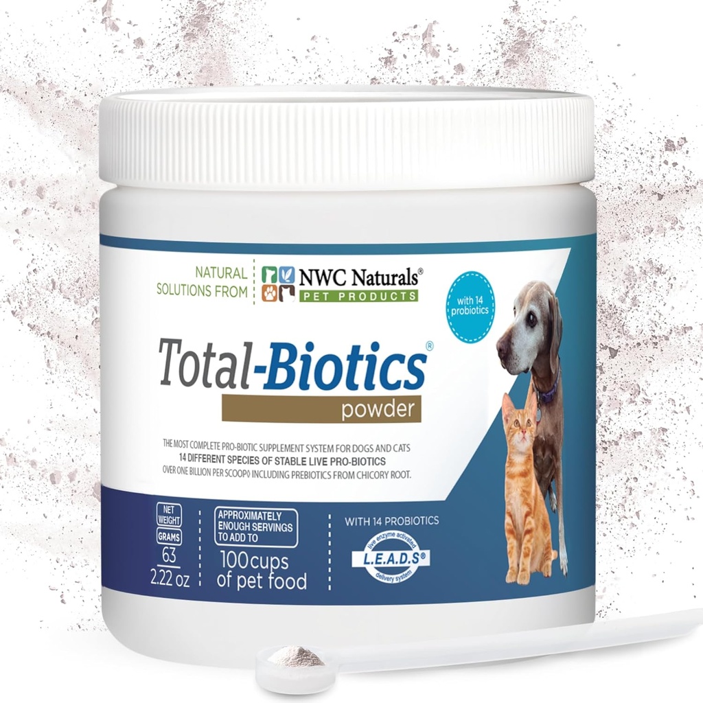 NWC Naturals Total-Biotics, Cat & Dog Probiotics for Digestive Health with Prebiotic, Unflavored Probiotic for Dogs & Cats, תוסף ל- Gut, Skin, Stomach Relief, 100 משרתים, 2.22 Ouncess