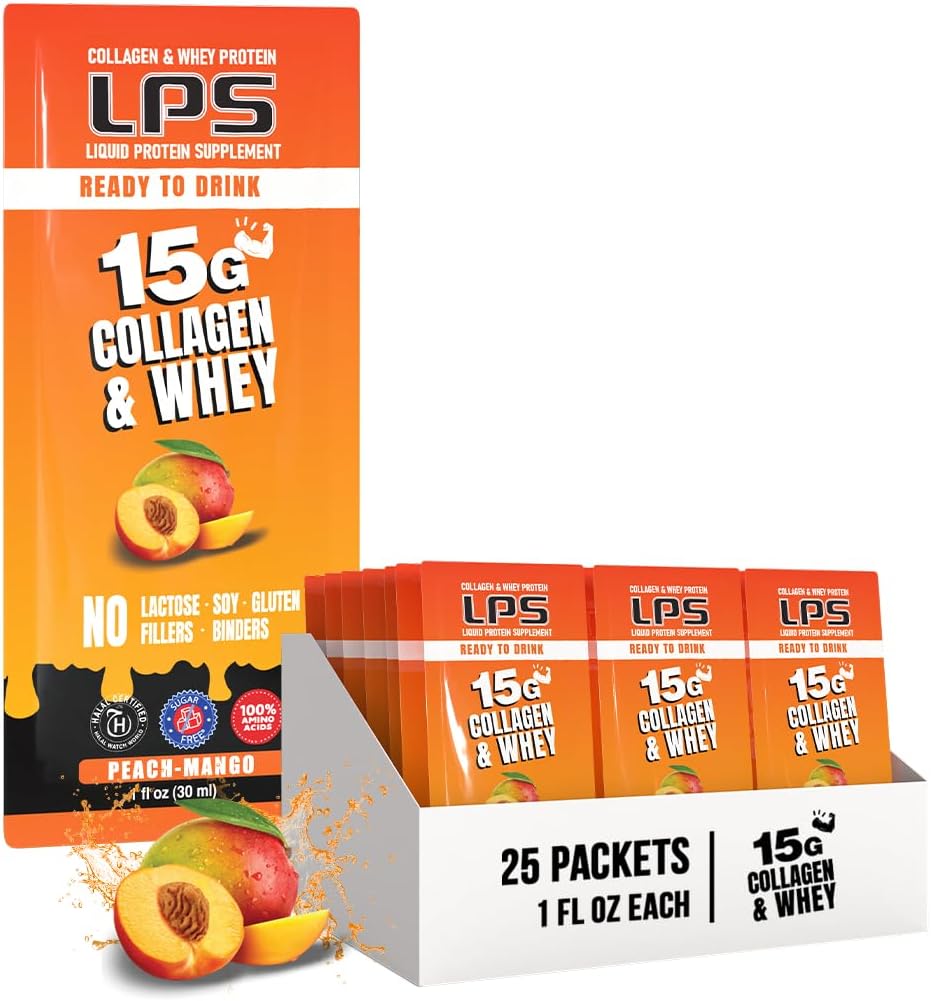 LPS נוזל Collagen & Whey חלבון תוספת - משקה non-GMO, סוכר חינם - מקדם עור בריא שיער עבור גברים ונשים, Peach, מנגו יחיד לשרת (25 Packets)