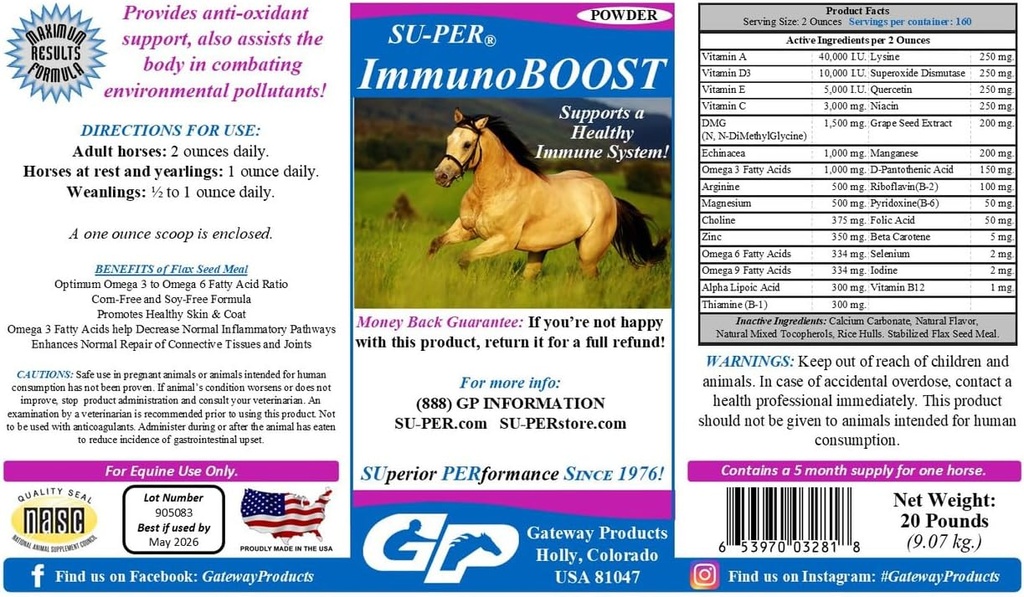 SU-PER ImmunoBOOST Horse Anti-Oxidant תוסף - תומך במערכת החיסון והתזונה - ויטמינים E & C, Grape Seed Extracts - 20 פאונד, 5 חודשים אספקה