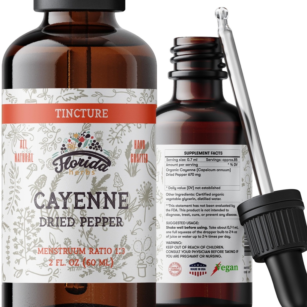 Cayenne Tincture Extract, אורגני קייאן (Capsicum annuum) Dried Pepper - ירקות Glycerin - non-GMO - 2 oz