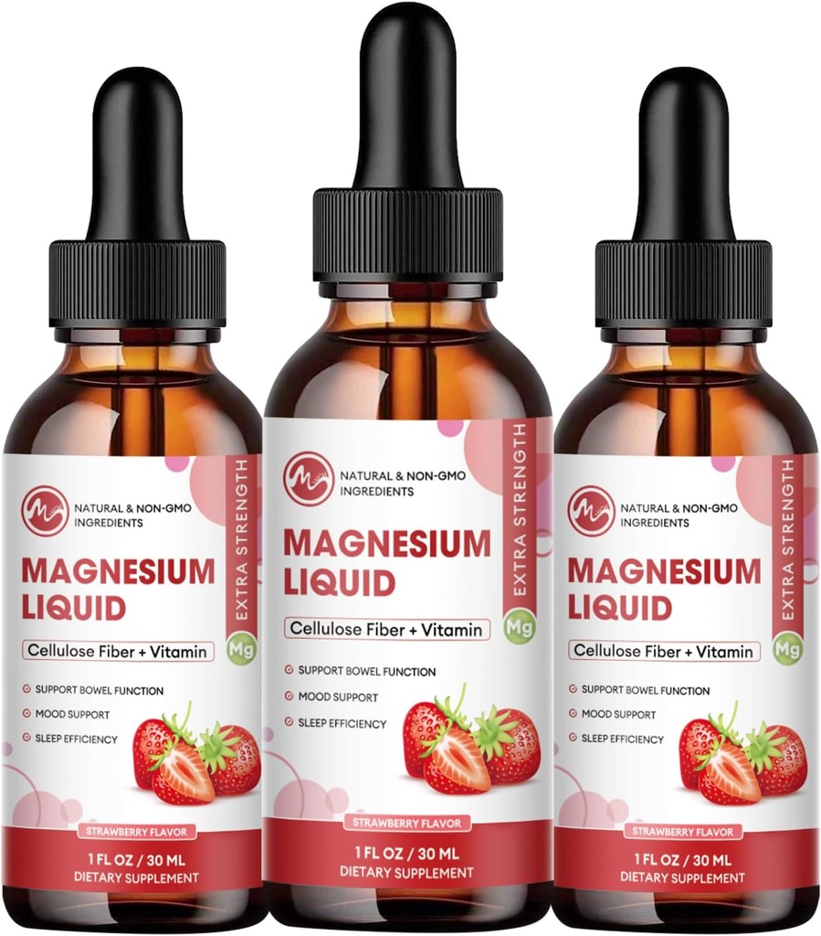 (3 Pack) Magnesium Glycinate נוזל טיפות, גבוה Absorption Magnesium נוזל עם Bromelain, ויטמין B6 C D, Magnesium תוסף לילדים ומבוגרים, Night & השרירים תמיכה, Strawberry Flavor