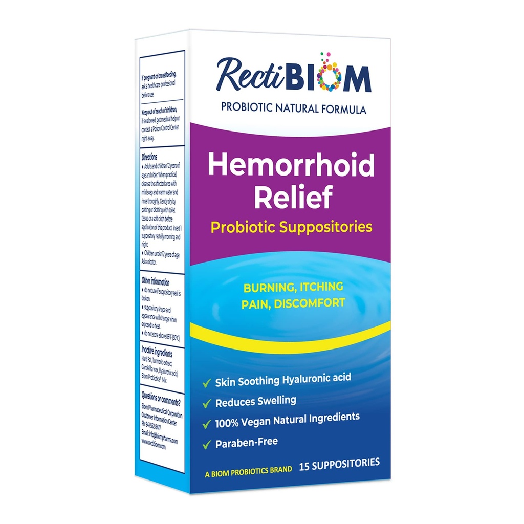 RectiBiom Probiotic Hemorrhoid Relief Suppositories with Skin Soothing Natural Ingredients, הקלה מהירה. Hyaluronic Acid and Turmeric Extract, Gluten-Free Formulation