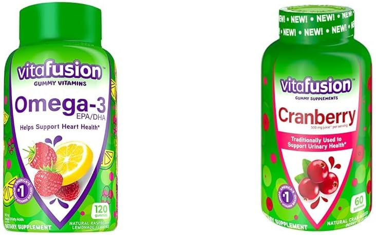 Vitafusion אומגה 3 Heart Gummy ויטמינים עם מסטיקנים קריין עבור נשים, 120 הרוזן אומגה 3 EPA / DHA ברי לימונדה ו -60 ספירה 500 מ"ג קריין Juice Concentrate לכל משרת.