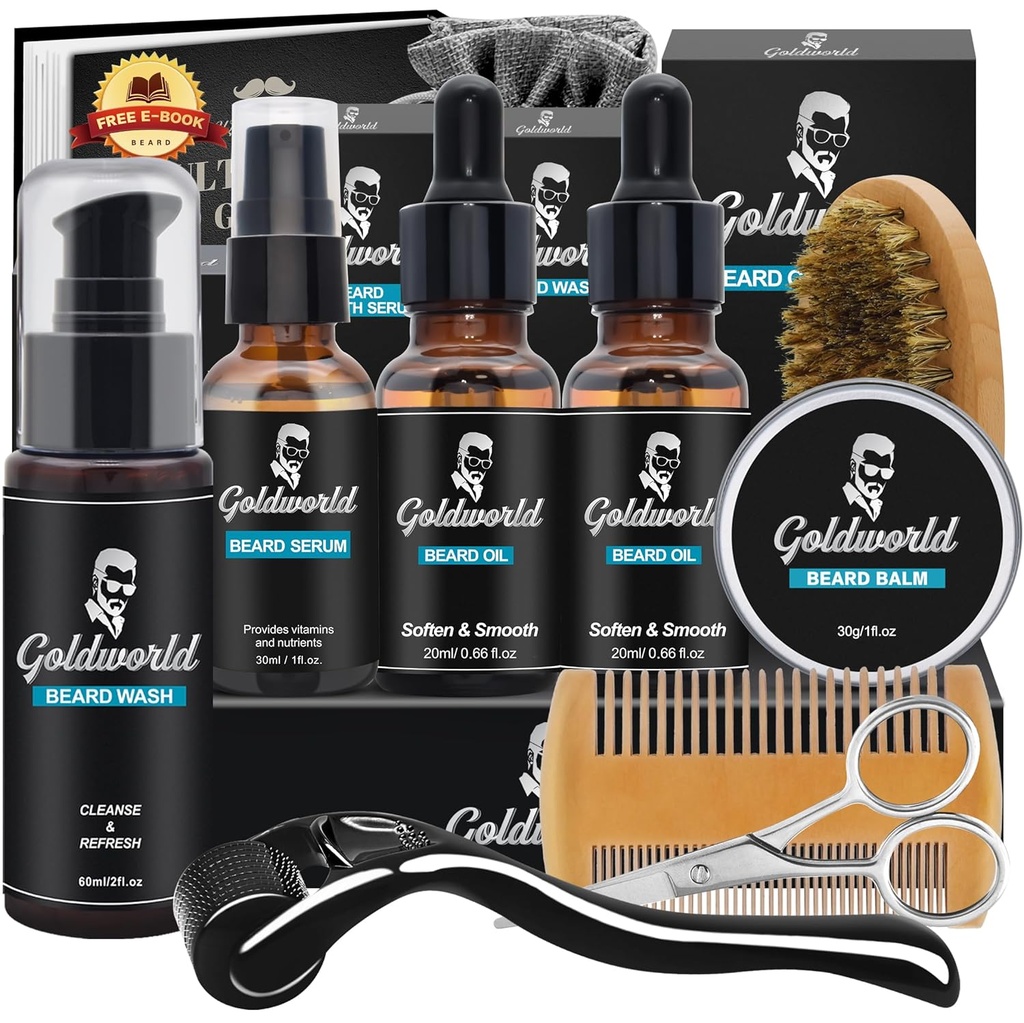 Beard Kit,Beard Grooming Kit w/Beard Wash/Shampoo,2 Packs Beard Oil,Beard Balm,Beard Wash, Brush,Comb,Scissor,Storage Bag, E-Book,Beard Care & Trimming Kit