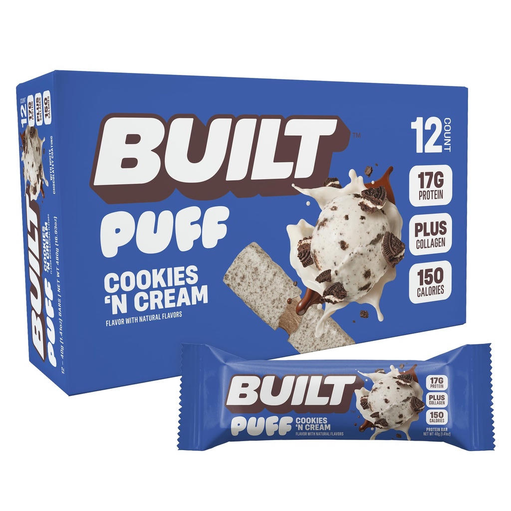 נבנה בר, Puff חלבונים Bars, עוגיות "N Cream Puff, 17g חלבונים חטיפים, On-The-Go Bars, רק 140 קלוריות, 7g Sugar, Collagen, Not Gluten Free, 12 Count Count