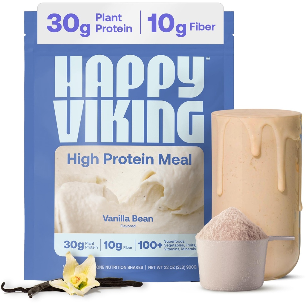 Happy Viking Vanilla Plant אבקת חלבון, שנוצרה על ידי ונוס וויליאמס, חלבון 20G, Low Carb, Keto, טבעוני, Gluten-Free, non-GMO, Superfoods, Complete Meal החלפת, 1 Canister (24 oz).