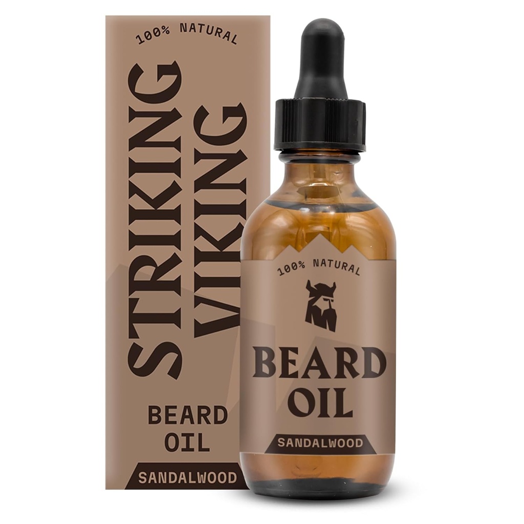 Striking Viking Sandalwood Beard Oil for Men - 2 Fl Oz, Sandalwood Scent - Natural Hydrating & Softening Beard Care with Argan, Jojoba, Almond & Tea Tree - Non-Greasy, Fast-Absorbing Formula