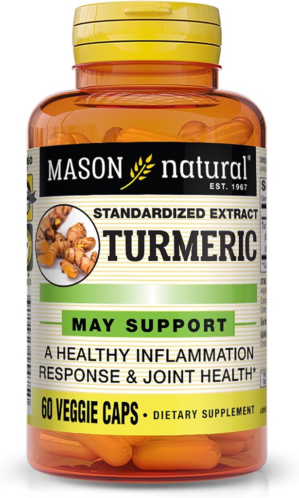 MASON NATURAL Turmeric 500 מ"ג, עם 95% Curcuminoids, תוספת לתמיכה כוללת של בריאות ותמיכה משותפת, 60 קפסולות Veggie צמחית