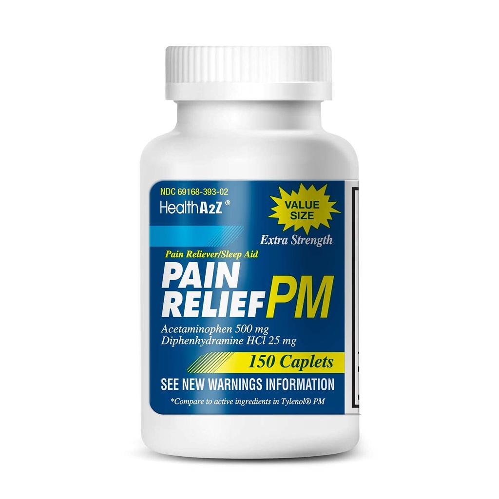 HealthA2Z® תוספת כאב ראש הממשלה: Acetaminophen 500 מ"ג | Diphenhydramine 25mg | Pain Reliever & Nighttime Sleep Aid