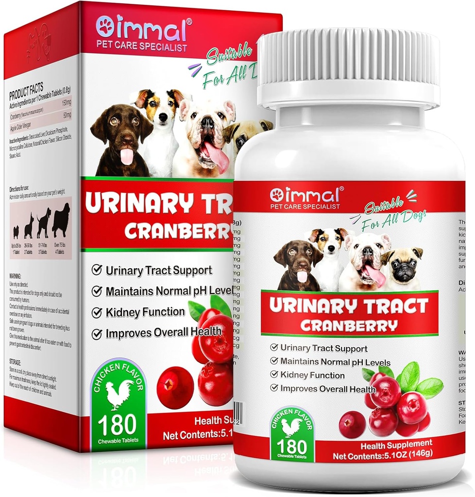 Cranberry לכלבים - 180 קריין תוסף שולחן עבור כלבים תומך זיהום Bladder, תמיכה הכלב Incontinence Support, Bladder Stone and Dog UTI, Pet Treats Tablet for All Breeds Dogs & Ages