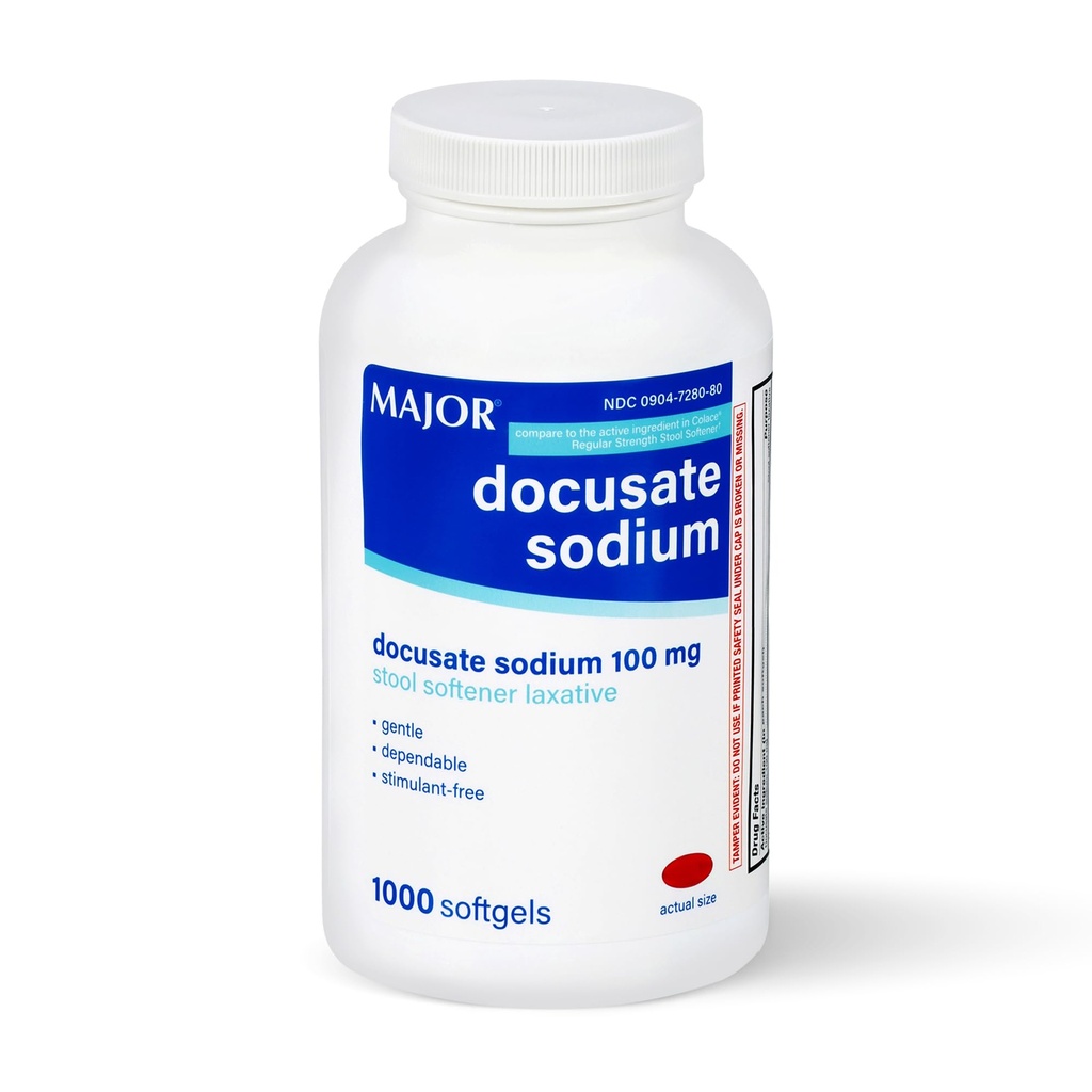 MAJOR Docusate Sodium 100mg, Stoolener Laxative עבור Occasional Constipation הקלה - Gentle, תלוי, Stimulant חינם, 1000 Softgels