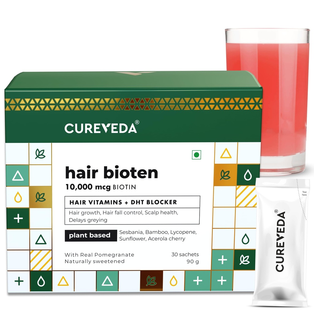 Cureveda Hair Bioten Grow Plant Based Biotin 10000 mcg Powder Supplement for Men & Women | Healthy Scalp and Hair Growth, No Added Sugar, Natural Pomegranate Flavour 30 Sachets