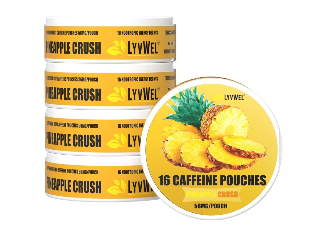 LyvWel 56 מ"ג Caffeine Energy Pouches - Pineapple - אנרגיה נקייה ו Focus Boost עם Guarana - 5-Pack עם 16 Pouches Per Can (80 Total Pouches)