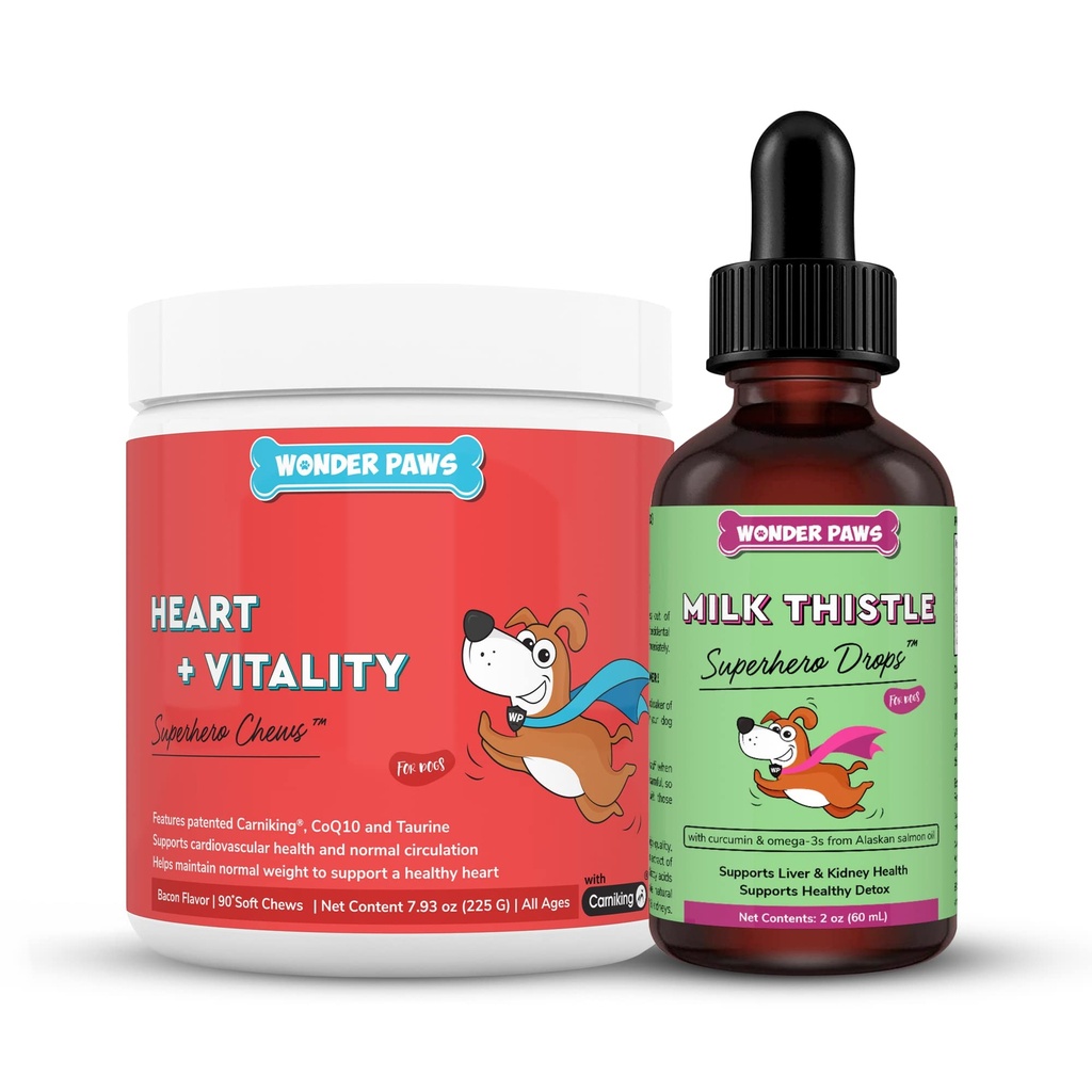 WONDER PAWS Heart + Vitality Superhero Chews Plus Milk Thistle Drops - for Dogs Heart Health, Circulation, Liver & Immune Support - Heart + Vitality 90 Chews - Milk Thistle Drops 2 Ouncess