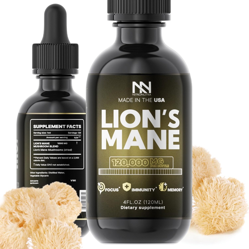 Lions Mane Mushroom תוסף - אריות אורגניות Mane Extract for Brain Health, Memory, Focus & Immune Support - Nootropic Vegan Liquid Tincture - Made in USA - 4 Fl Oz
