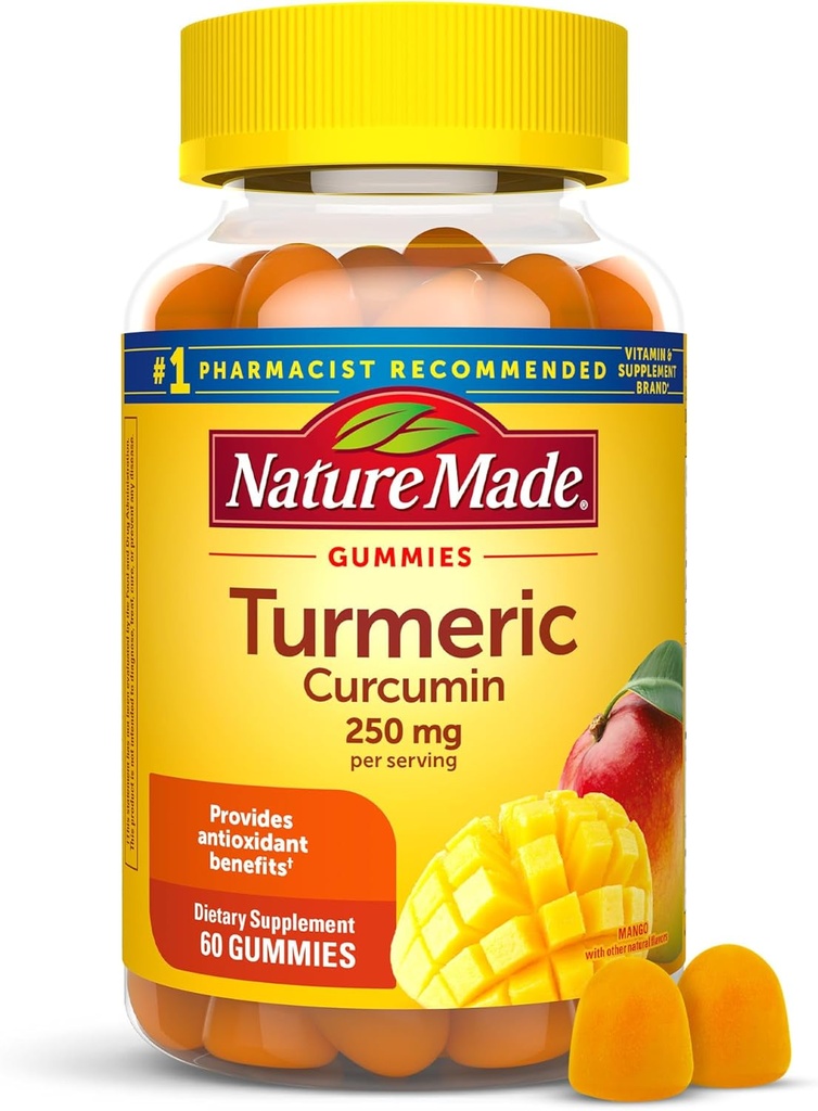 Nature Made Turmeric Curcumin 250mg Per משרת, תוספת תזונתית לתמיכה אנטי-חמצן, 60 חניכיים, 30 יום אספקה
