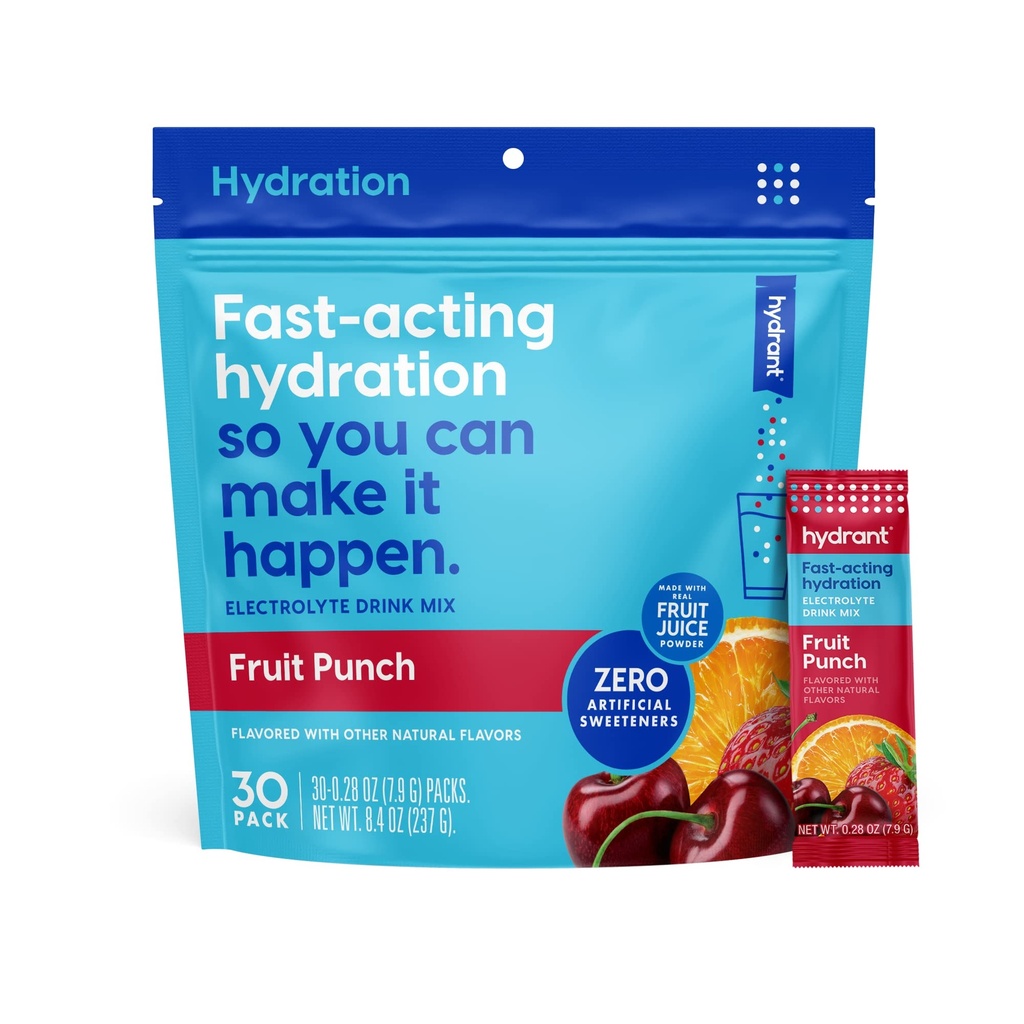 HYDRANT - אבקת הידרה, פירות Punch Flavor, 30 אנשים מיידית אלקטרוליטיקה Rehydration Packets - Low Sugar Drink Mix for Daily Use, Travel & Workouts
