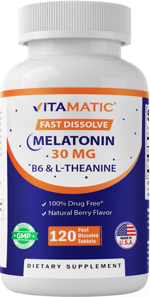 Vitamatic Melatonin 30 מ"ג - עם B6 & L-theanine - 120 טבליות במהירות dissolve עם טבעי ברי פלאפור (2 טבליות Dose = Melatonin 60 מ"ג) (120 Count (Pack של 1))