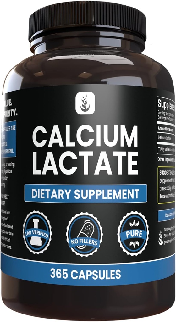 מרכיבים מקוריים טהורים Calcium Lactate (365 קפסולות) No Magnesium Or Rice Fillers, Always Pure, Lab מאומת