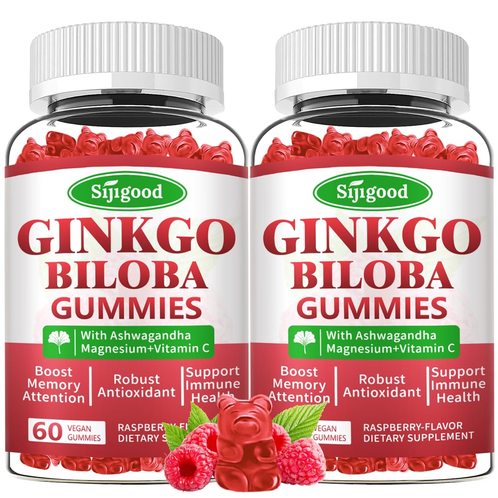 2 Pack Genekgo Biloba Gummies עם Panax גינזנג ומגנזיום, Genekgo Biloba תוספי עבור Focus, Memory, and Brain Health for Adults & Kids, Vegan Raspberry Flavor Gummies, 120 הרוזן