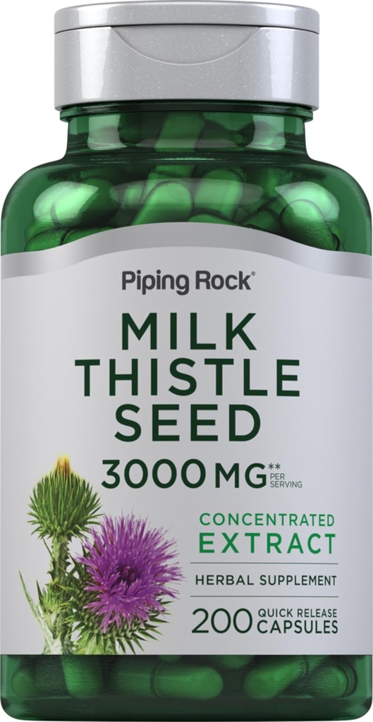 Piping Rock Milk Thistle תוסף | 200 קפסולות | ריכוז הפלט צמחי | Non-GMO, Gluten Freeten Free