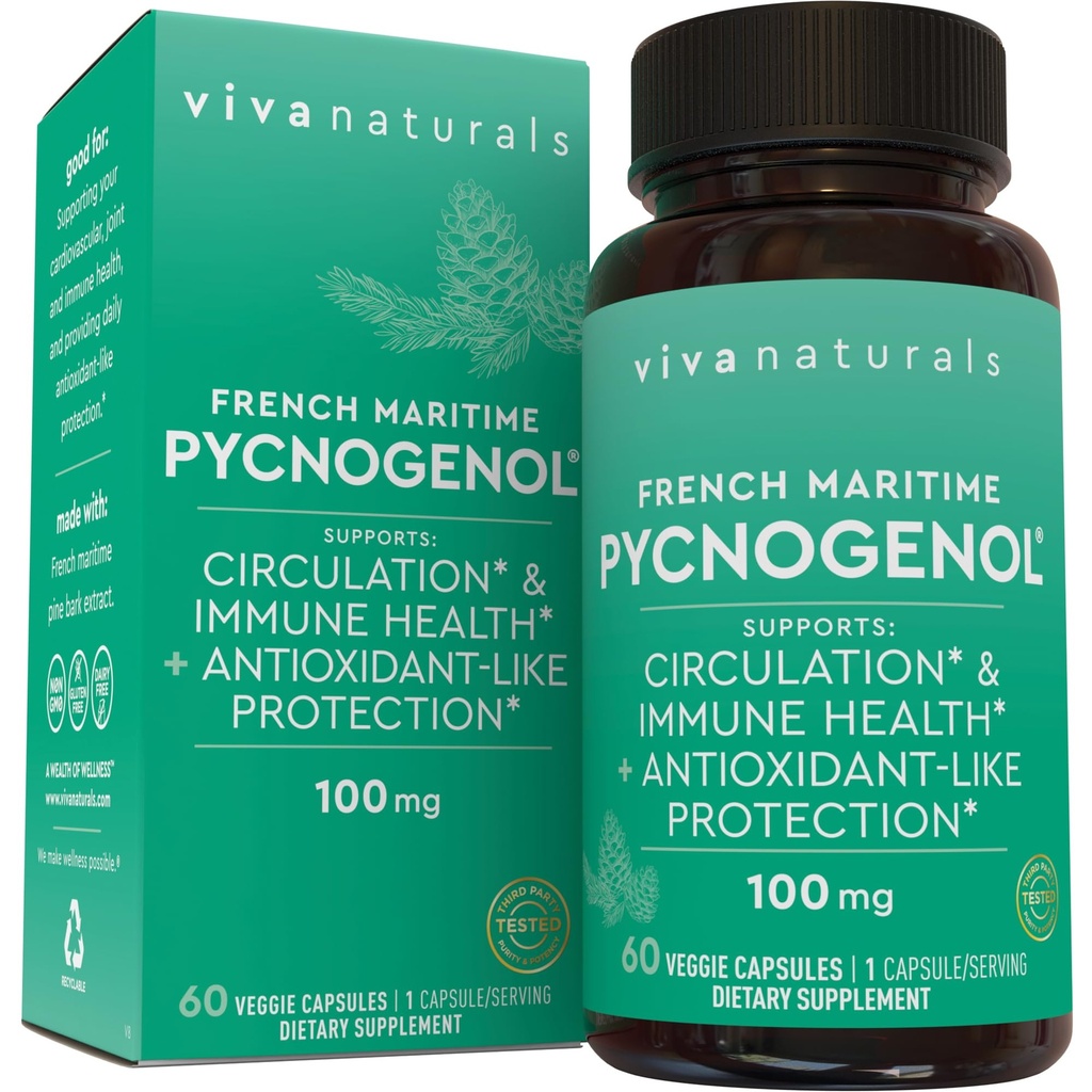 Viva Naturals Pycnogenol - 100 מ"ג צרפתית תמצית פין Bark - תמיכה Circulation, Antioxidant-Like Activity, Joints & Immune Health and Function - 60 Veggie קפסולות