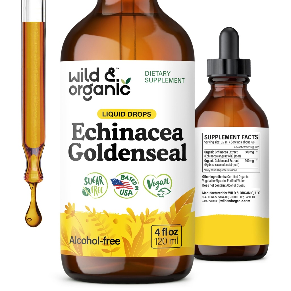 Wild & אורגני Echinacea Goldenseal Tincture - תמיכה כספית טיפות עם Echinacea ו Goldenseal Root Extract - טבעוני, סוכר ואלכוהול חינם נוזל - 4 fl oz
