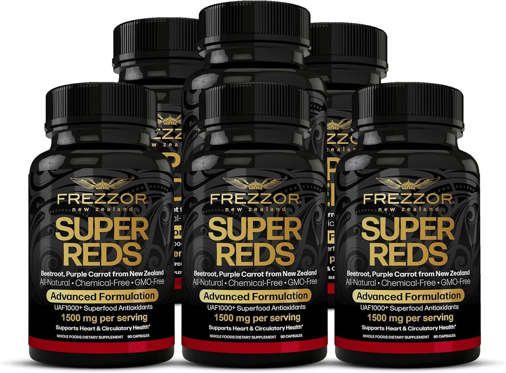 FREZZOR Super Reds כמוסות עם UAF1000+, All-Natural New Zealand Red Superfood Energy, Essential Red פירות Veggies & Beets, Antioxidants, Enzymes, Energy Supplements, 540 קפסולות, 6 בקבוקים