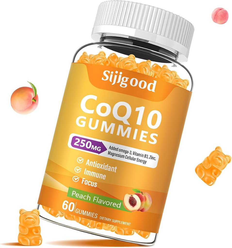 סוכר חינם CoQ10 חניכיים, Plus אומגה 3, ויטמין B3 ו- Zinc, Magnesium, 5X High Absorption Coenzyme Q10 תוספי, q10 Boost Energy, Potent Antioxidant & Brain, Peach Flavor, 60 Ctsssor