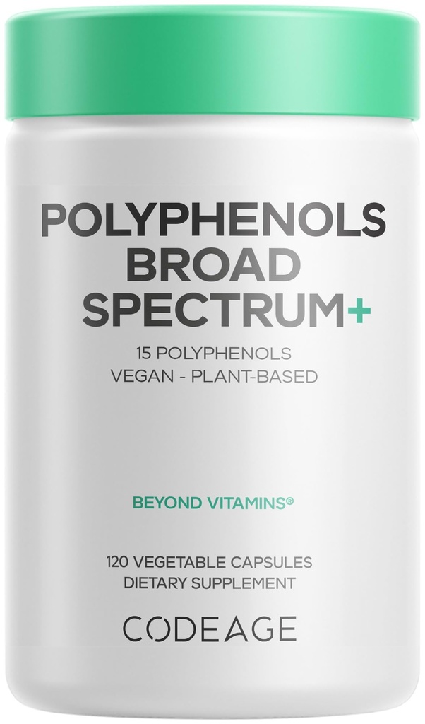 Codeage Polyphenols Broad Spectrum תוסף - תערובת של 15 Berries, פירות, ופלטים בוטניים, Decaf Green Tea Leaf, Quercetin, Resveratrol, Pomegranate, Turmeric - non-GMO - 120 קפסולות