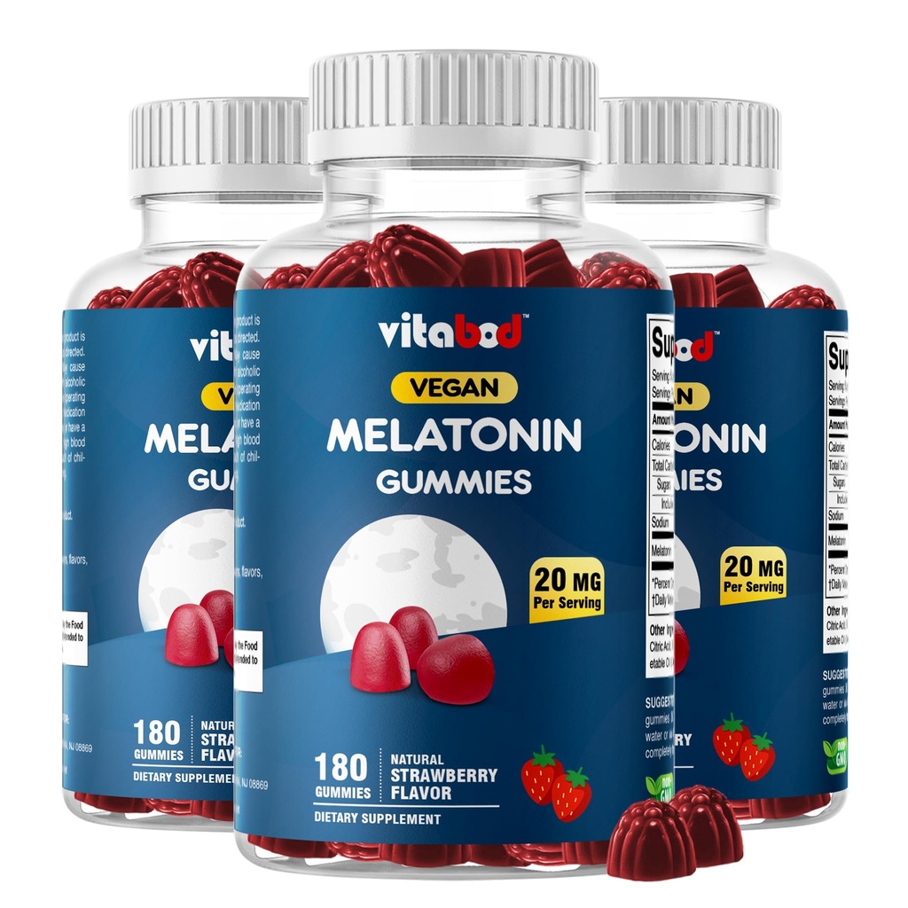 Melatonin 20 מ"ג חניכיים - 180 הרוזן - סמים חינם - Natural Strawberry Flavor - Vegetarian, non-GMO, Gluten Free (3 בקבוקים)
