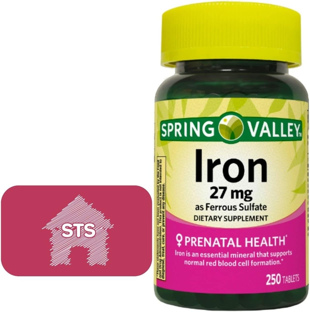 Spring Valley Iron as Ferrous Sulfate 27 מ"ג, 250 Count + STS Home Sticker.