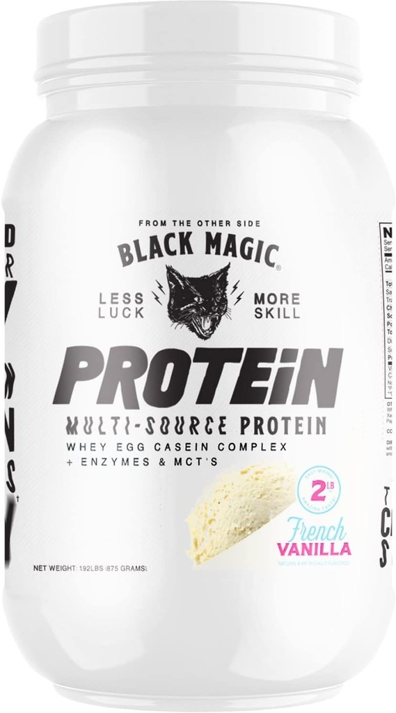שחור Magic Multi-Source חלבון - Whey, Casein, Enzymes ו- MCTs - Pre Post Workout - Keto, Low Sugar, Gluten Free - French Vanilla - 24g חלבון - 2 LB
