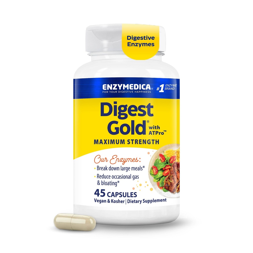 Enzymedica Gold + ATPro, Enzymes כוח מקסימלי, מסייע לערוצים גדולים עבור הקלה מיידית Bloating הקלה, 45 Count