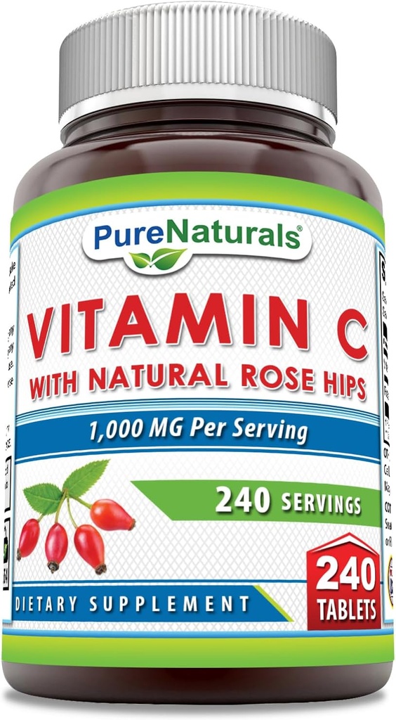 Pure Naturals ויטמין C עם רוז HIPS 1000 מ"ג פרי לשרתים | 240 טבליות תוסף | Non-GMO | Gluten Free | Made in USA