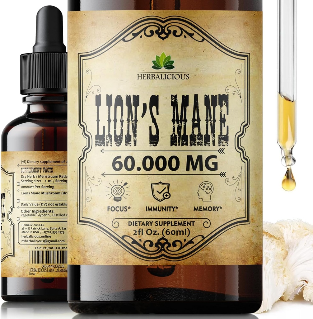 Lion's Mane Extract 2 fl oz נוזל - Natural Mushroom תוסף Tincture for Brain, Memory, Mental Clarity & Focus - Immune Support - High Potency Formula - 90-Day Supply