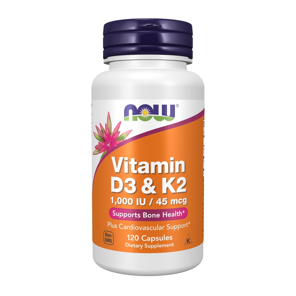 עכשיו תוספי מזון, ויטמין D-3 & K-2, 1,000 IU / 45 mcg,Plus Cardiovascular Support*, תומך העצם בריאות*, 120 קפסולות veg