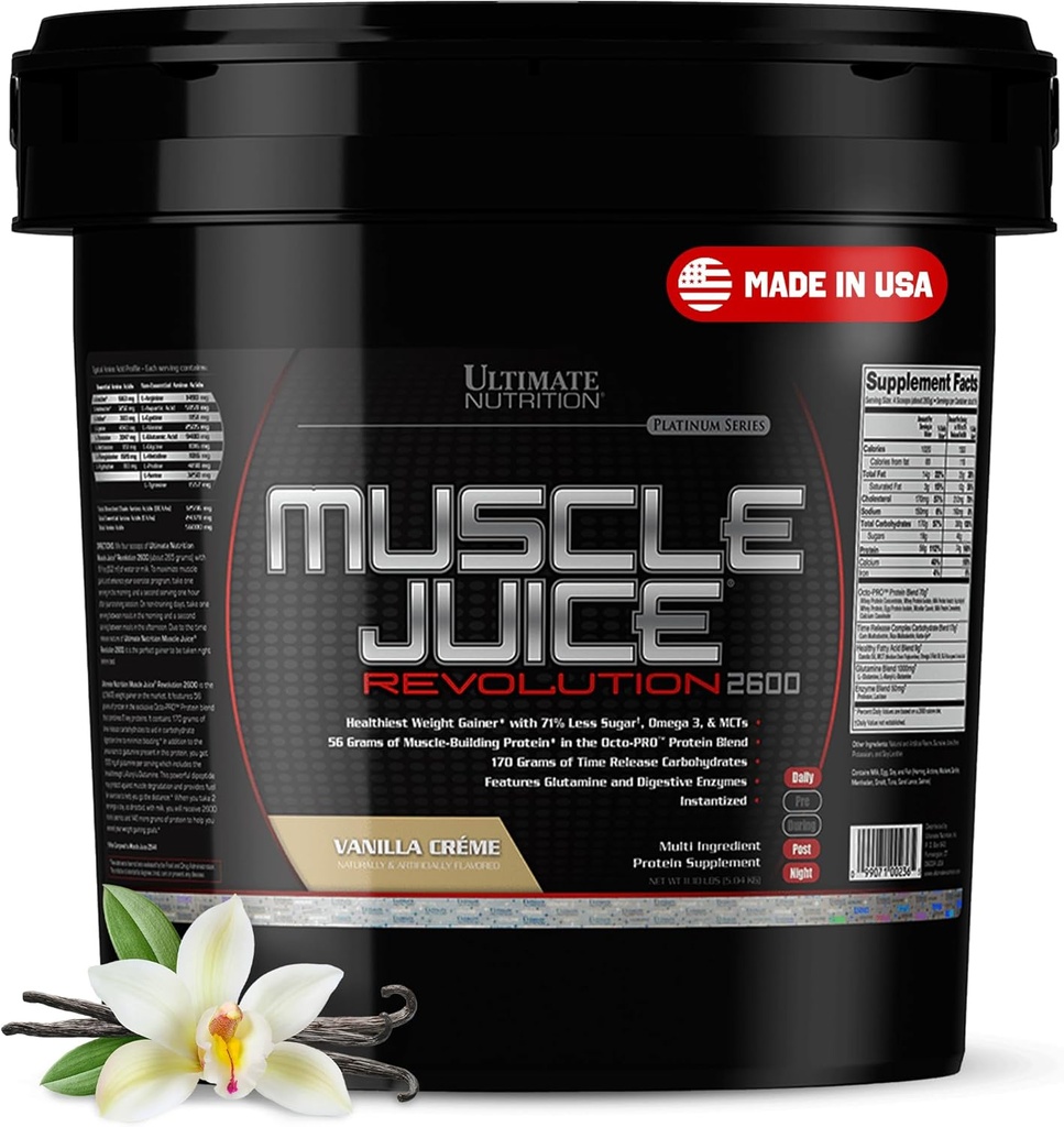 שריר תזונה האולטימטיבי Juice 2600 מהפכה, עלייה במשקל מיקס - Mass Gainer Workout אבקת תוסף עבור Lean שריר צמיחה & Recovery עם 56g חלבון בלגן - Vanilla, 11.105lb