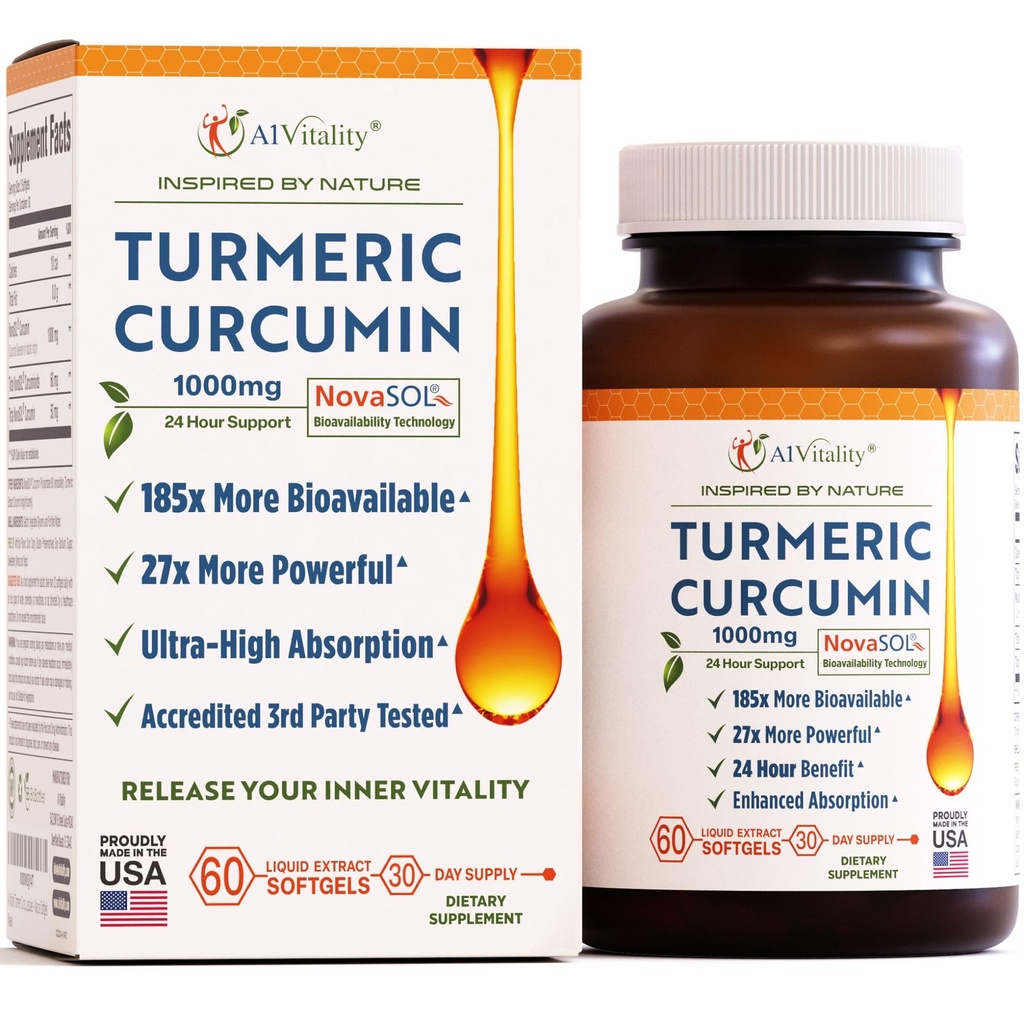 A1Vitality נובהSOL Turmeric Curcumin 1000 מ"ג - פרובאנס קליני 185x גבוה יותר Absorption - מקדם נוחות משותפת, ניידות ו-כלל בריאות - Non-GMO, דוקטור פורמולה, 60 Softgels.