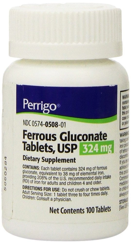 Perrigo Ferrous Gluconate טבליות ירוקות, 324mg, 100ct (3 Pack)