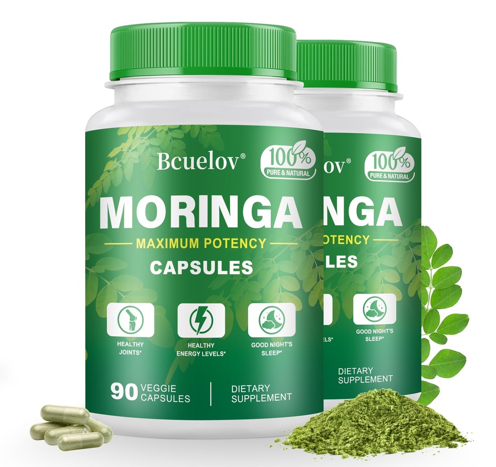 Bcuelov Moringa Capsules 2 Bottles | 800mg Pure Moringa Powder Capsules – Supports Energy, Immune Support, Gut Health, Green Superfood Contains Vitamins & Amino Acids