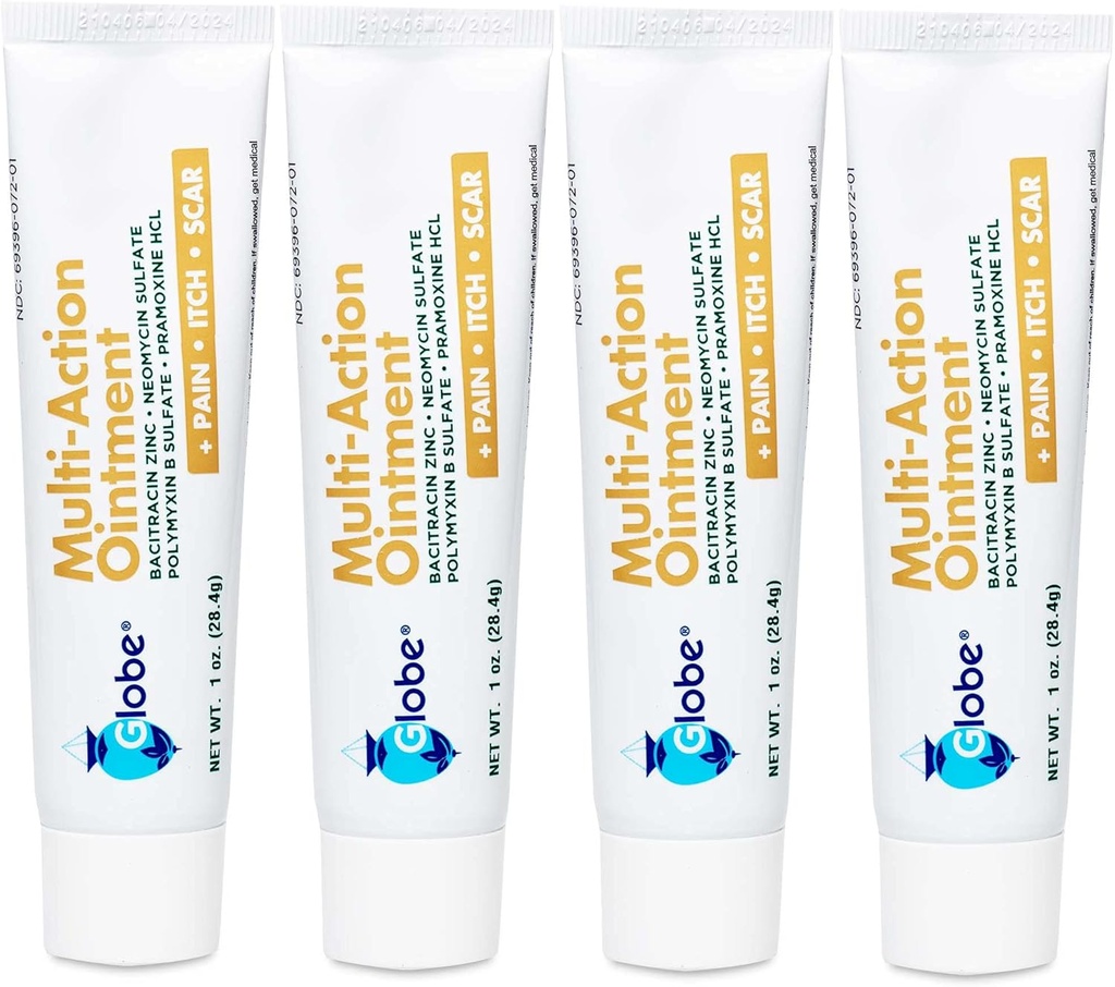 Globe (4 Pack) עזרה ראשונה Antibiotic Scar minimizing Pain-Relief, Anti-Itch Ointment עם Neomycin, Bacitracin Zinc, Pramoxine HCl & Polymyxin B, עבור חתכים קטנים, Scrapes & Burns