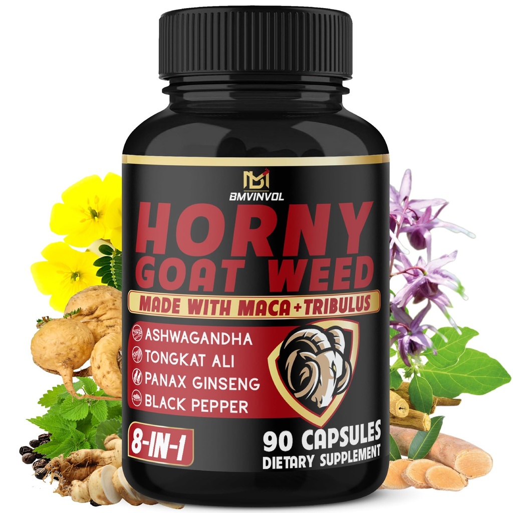 BMVINVOL Hory Goat Weed כמוסות עם Maca, גינזנג, Tribulus Terrestris, Ashwagandha, Black Pepper - 90 Count for 3 חודשים אספקה