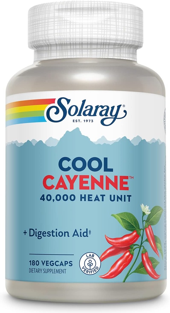 SOLAרי Cool Cayenne Pepper 40,000 HU, קייאן פפר קפסולות, Digestion Aid, Bio-Cool Process, Lab מאומת, 60-Day Money-Back Promise, 90 משרתים, 180 VegCaps