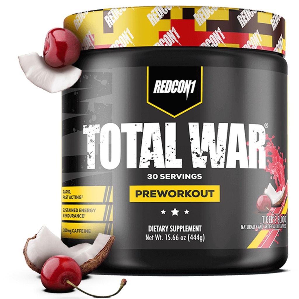 REDCON1 Total War Pre Workout, הדם של הטיגריסי - L Citrulline, Malic Acid, Green Tea Leaf Extract for Pump Boosting Pre Workout for Women & Men - 3.2g Beta Alanine כדי להפחית את Exhaustion (30 משרתים)