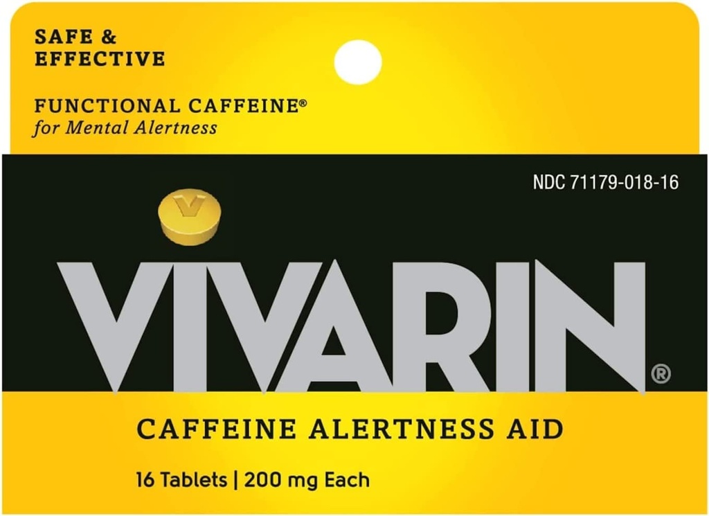 Vivarin, Caffeine Pills, 200 מ"ג Caffeine בכל Tablet, בטוח ויעיל לעזור לך להישאר ער, התראה עזרה, תוספי אנרגיה, 16 טבליות - 5 Pack
