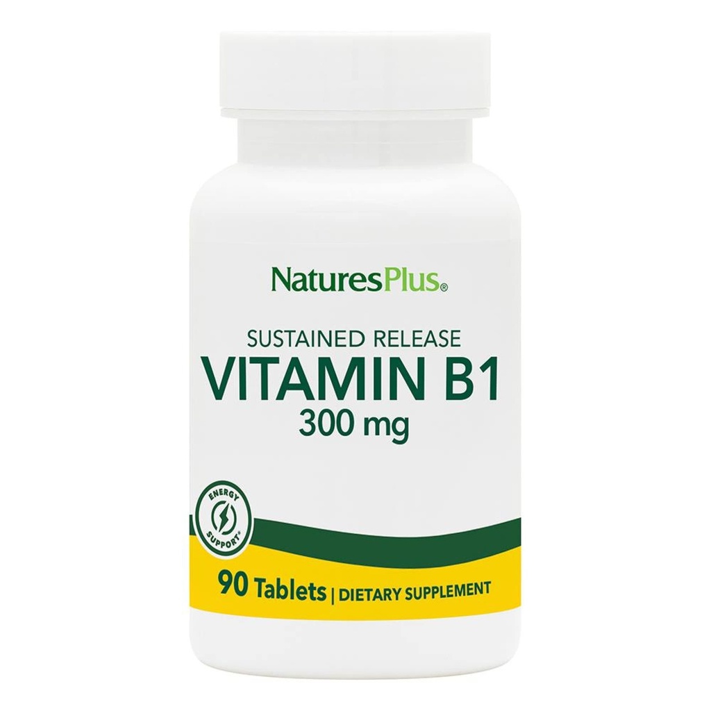 Natures Plus ויטמין B1 (Thiamin HCI), Sustained Release - 300 מ"ג, 90 טבליות צמחוניות - Gluten-Free - 90 משרתות