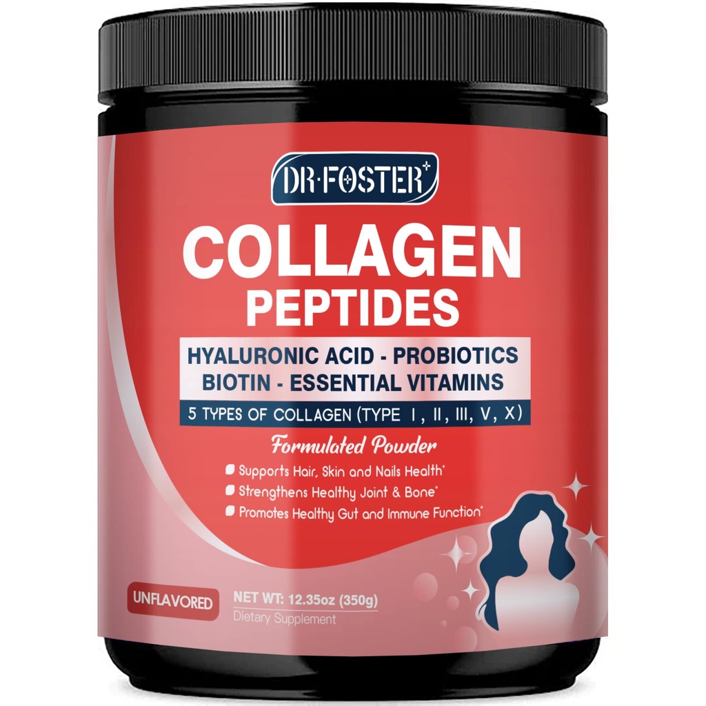 Multi Collagen Peptides אבקת עם Probiotics - סוג I II III V X - hydrolyzed Collagen Peptides עם Multivitamins, Hyaluronic Acid & Biotin - תמיכה שיער העור מפרקים & Gut, 35 משרתים