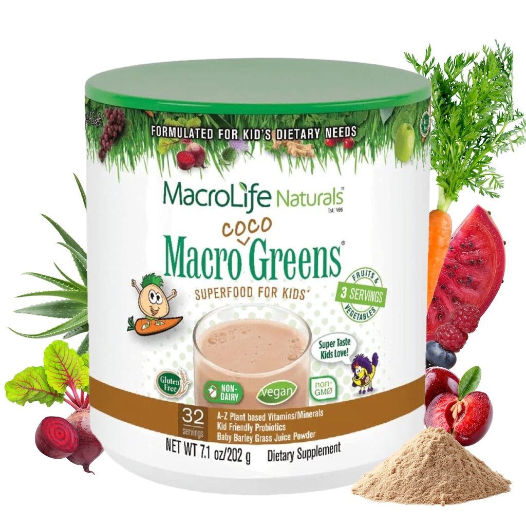 MacroLife Naturals MacroCoco Greens שוקולד אבקת מזון לילדים Raw פירות Veggies Probiotics & Digestive Enzymes, Immunity Energy, non-GMO, טבעוני, Gluten, חלב חינם - 7oz (32 משרתים)
